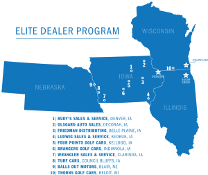 map of elite Harris Golf Car dealers from Nebraska to Wisconsin