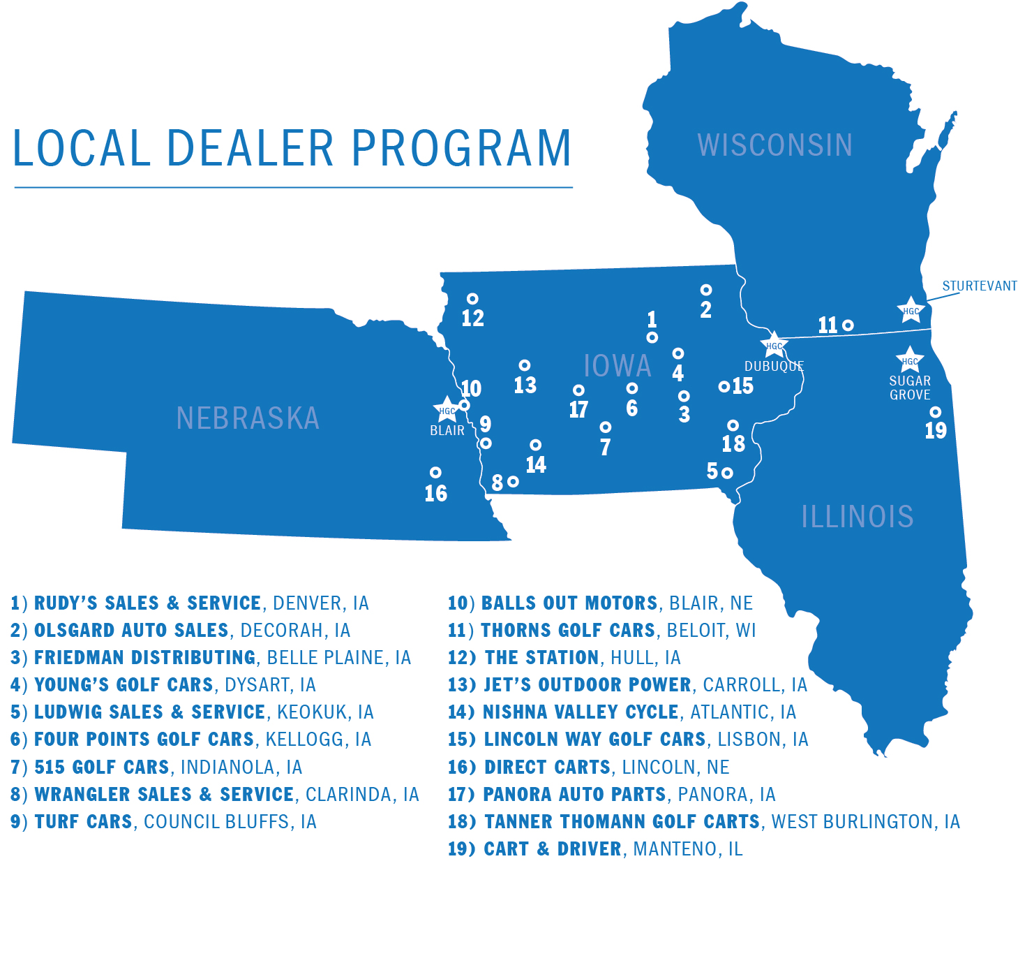 Harris Golf Cars Elite Dealer Map IA, IL, NE, WI
