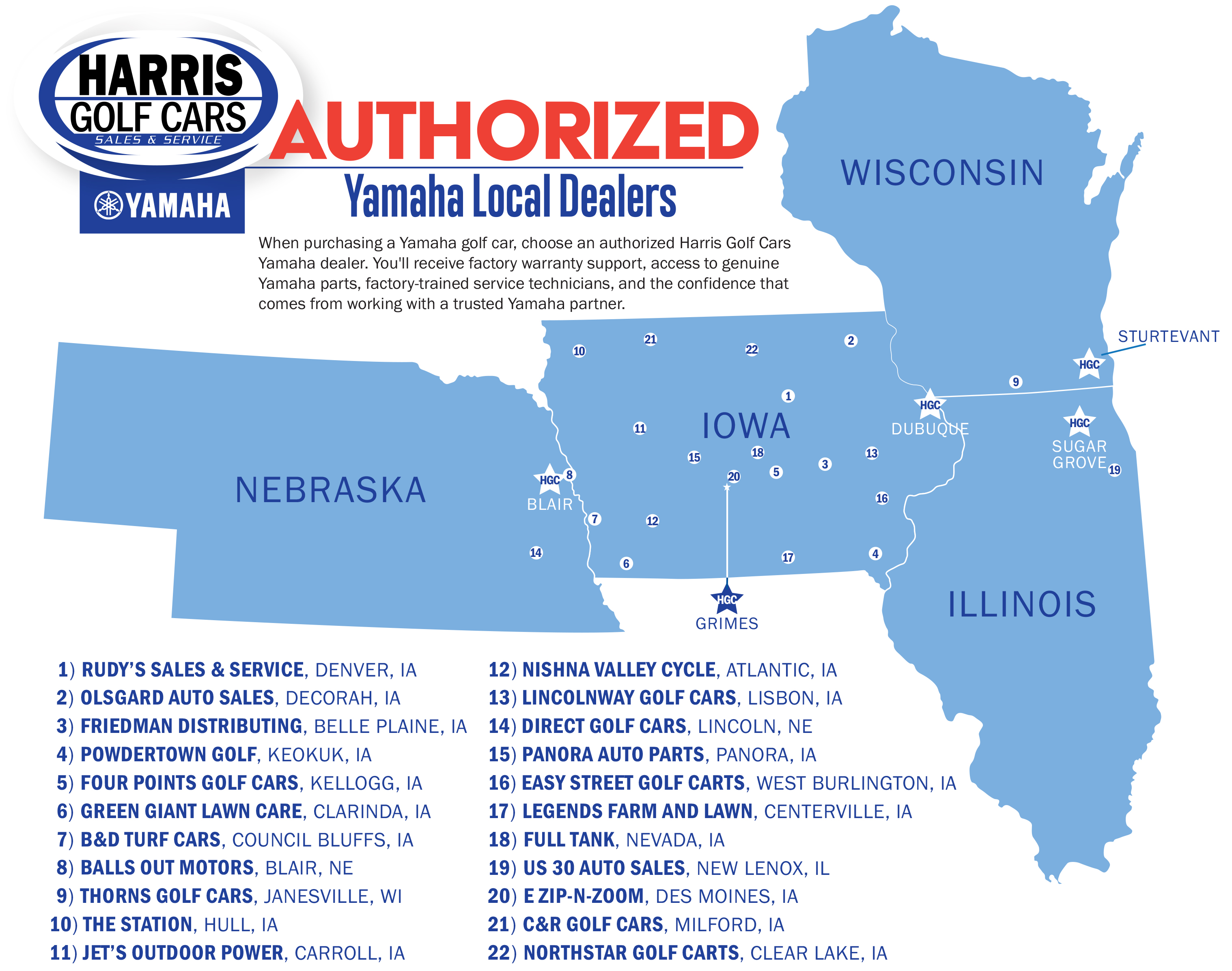 Authorized_Dealer_Oct_2026 Harris Golf Cars Elite Dealer Map IA, IL, NE, WI